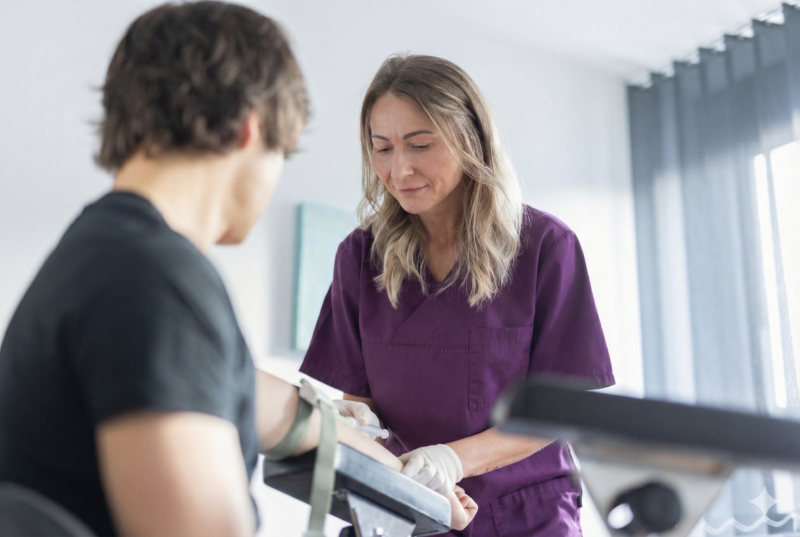 Blutabnahme durch eine Mitarbeiterin der gastroenterologischen Praxis Dr. med. Stockhammer.